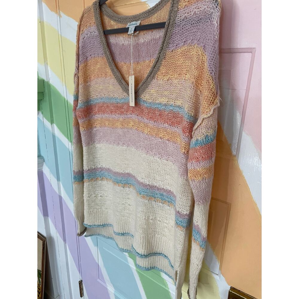 Sundance Pastel Stripe Open Knit Slouchy V Neck Sweater Medium NWT Wool Blend - Picture 2 of 8